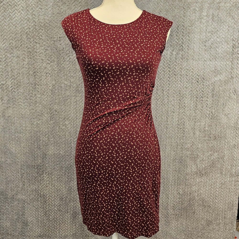 Ann Taylor LOFT Burgundy Botanical Ruched Sheath Dress Petites‎ XSP Sleeveless